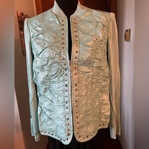 Peter Nygard Mint Green Studded Zip Front Leather and Knit Jacket Size Large